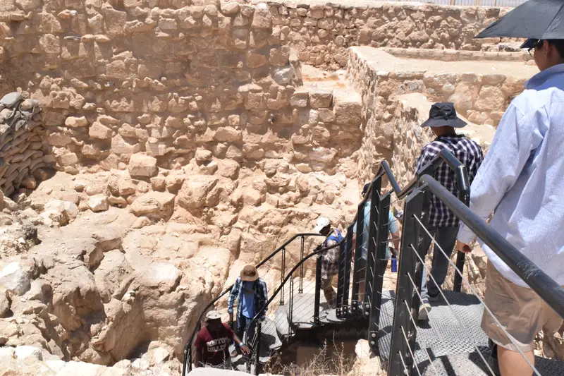 Visitatori scendono una scala in un sito scavato con muri di pietra, luglio 2019